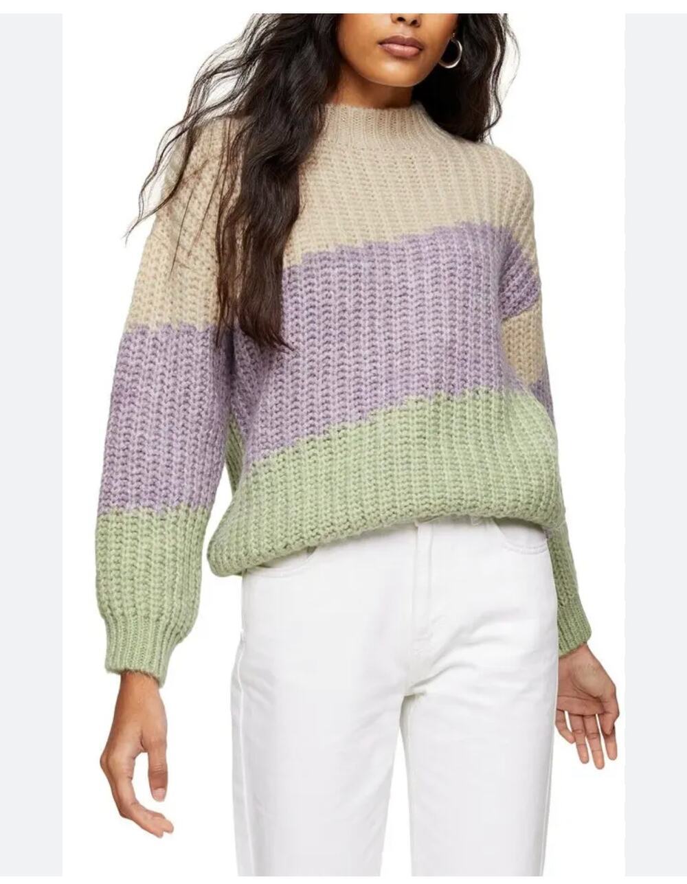Topshop Colorblock Stripe Mock Neck Thick Knit Sweater Size XS 0-2